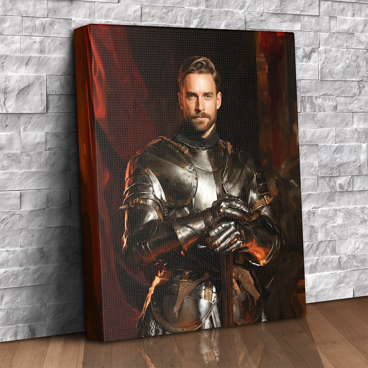 Custom canvas portrait of a man as a knight in steel plate armor against a deep crimson background