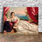 Custom canvas portrait of a woman as a reclining noblewoman in ivory silk with crimson drapes and sea view, personalized from a photo