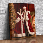 Mr. and Mrs. Claus couple portrait on canvas, a smiling couple in red velvet fur-trimmed robes standing between a lit Christmas tree and a roaring fireplace