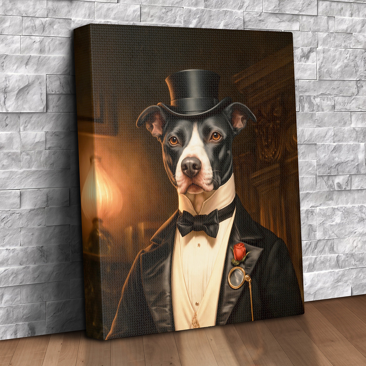 Custom Victorian pet portrait canvas of a dog wearing a black top hat, tailcoat, bow tie, red rose boutonniere and gold monocle in a lamplit wood-paneled study