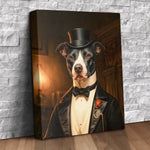 Custom Victorian pet portrait canvas of a dog wearing a black top hat, tailcoat, bow tie, red rose boutonniere and gold monocle in a lamplit wood-paneled study