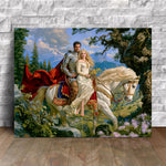 Custom canvas portrait of a couple as a knight in armor and a princess riding a white horse through mountains, personalized from two photos