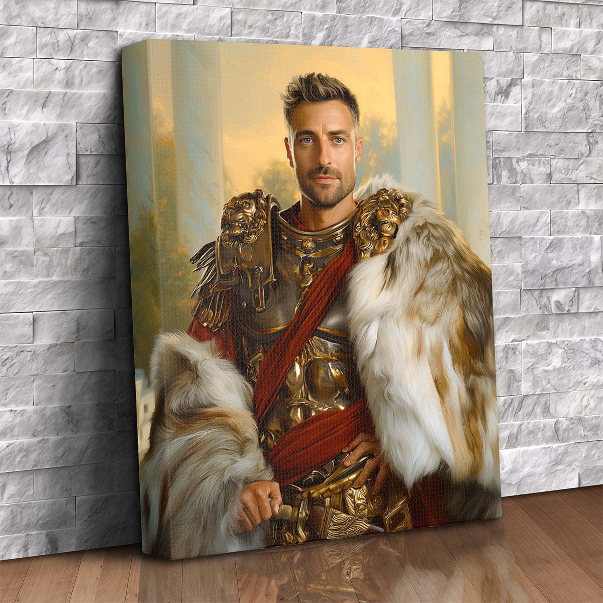 Custom canvas portrait of a man as a Roman gladiator in ornate gold armor with a fur mantle