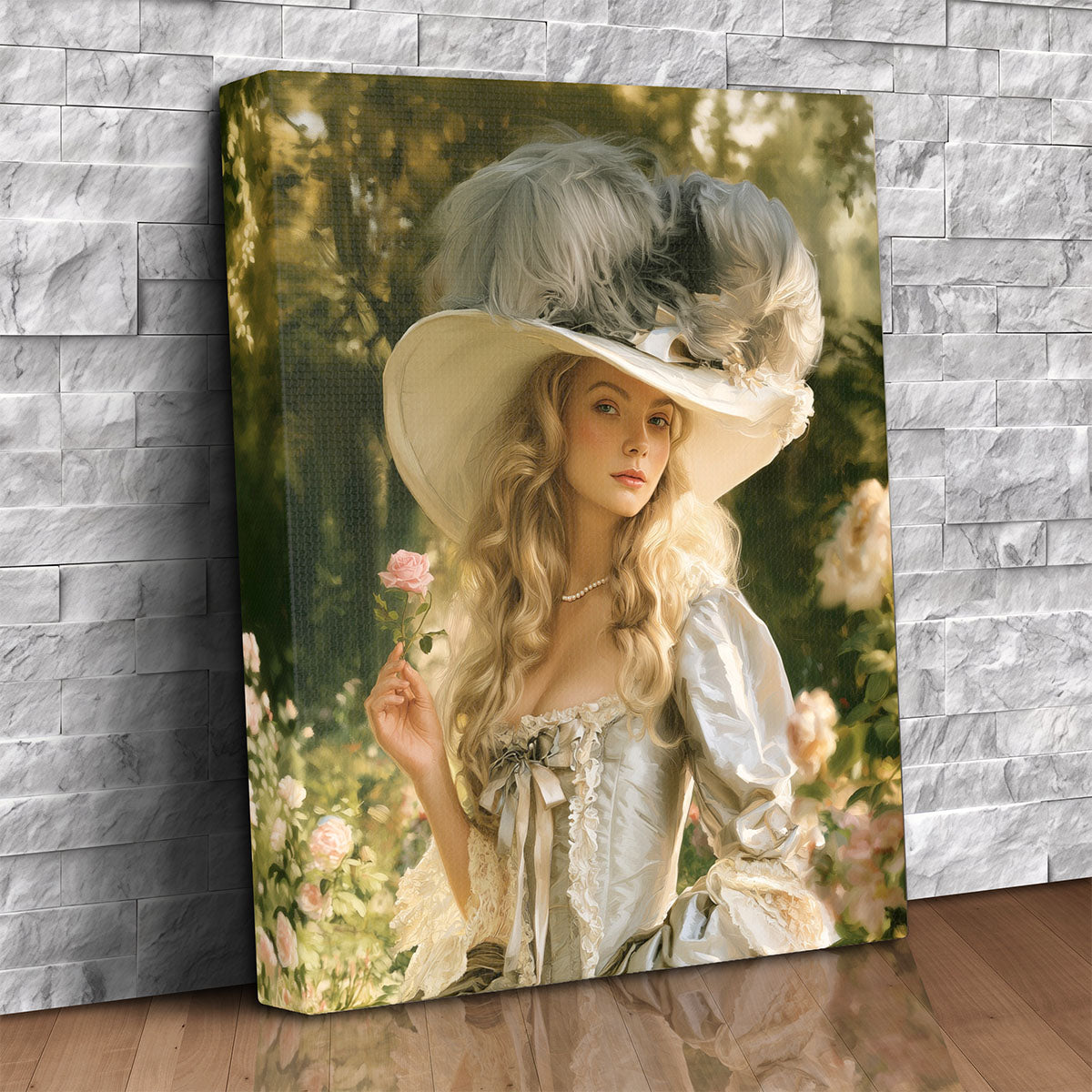 Custom canvas portrait of a woman as a romantic garden duchess in a feathered hat holding a rose