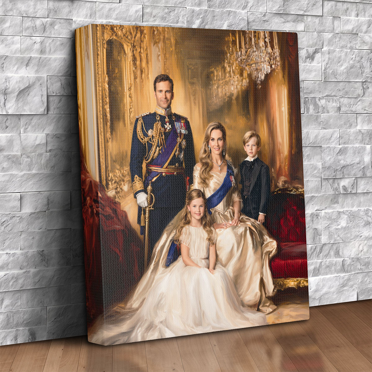 Custom canvas portrait of a family of four as royalty in an opulent palace room with chandeliers, personalized from photos