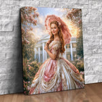 Custom canvas portrait of a woman in a pink ball gown with a lace parasol in front of a columned mansion with magnolias, personalized from a photo