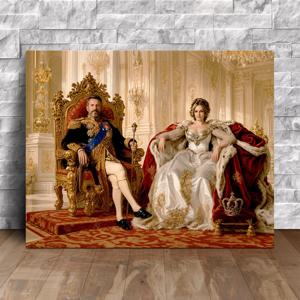Custom canvas portrait of a couple as a king and queen seated on thrones in a gilded palace hall, personalized from two photos