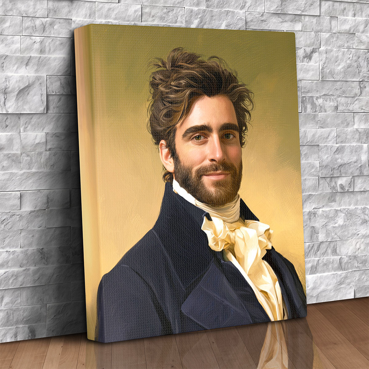 Custom canvas portrait of a man as a distinguished Regency gentleman in a navy coat with a cream cravat