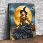 Custom canvas portrait of a woman transformed into a glamorous witch flying on a broomstick under a full moon, personalized from a photo